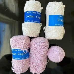 3+Skeins “Cotton Capri” Yarn. 100% Cotton. White & Lt. Lavender Colors.